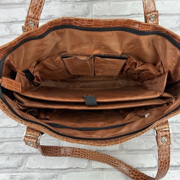 JM New York XL Large Tote Laptop Travel Tech Case Bag BROWN Faux Croc Computer - Picture 4 of 4